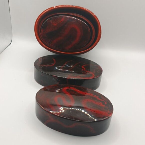 Vintage Japanese Lacquer Nesting Boxes Set - 6", 5", 4" Red & Black Marbled Jars - Picture 2 of 9